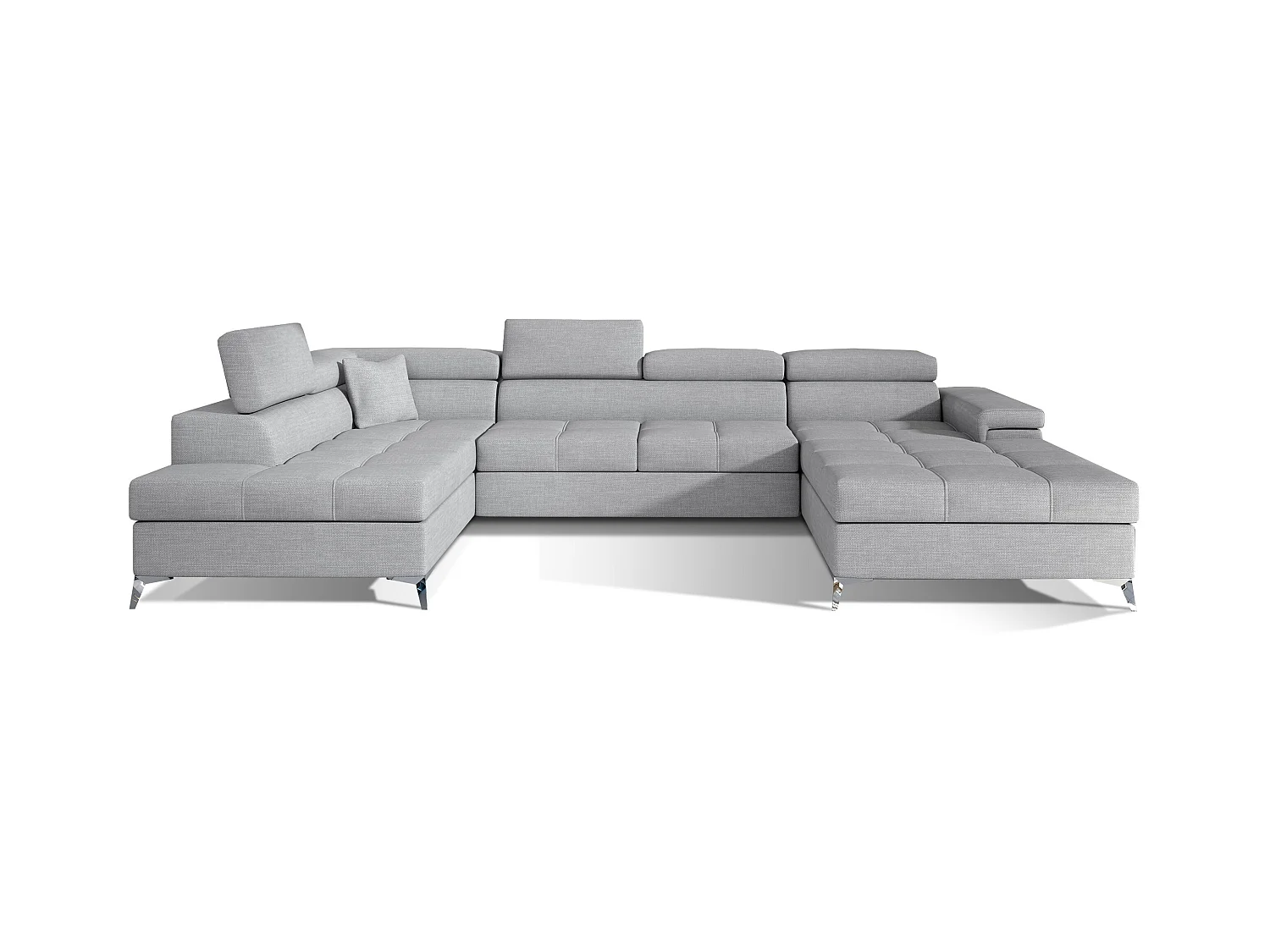 Canapé panoramique tissu gris clair coffre de rangement à gauche Kutty 345cm