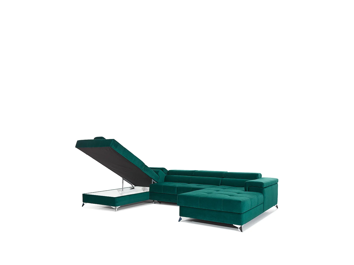 Canapé panoramique tissu gris clair coffre de rangement à gauche Kutty 345cm