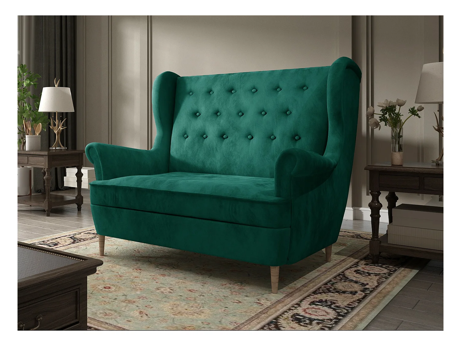 Canapé 2 places velours vert capitonné Lizzi 150cm