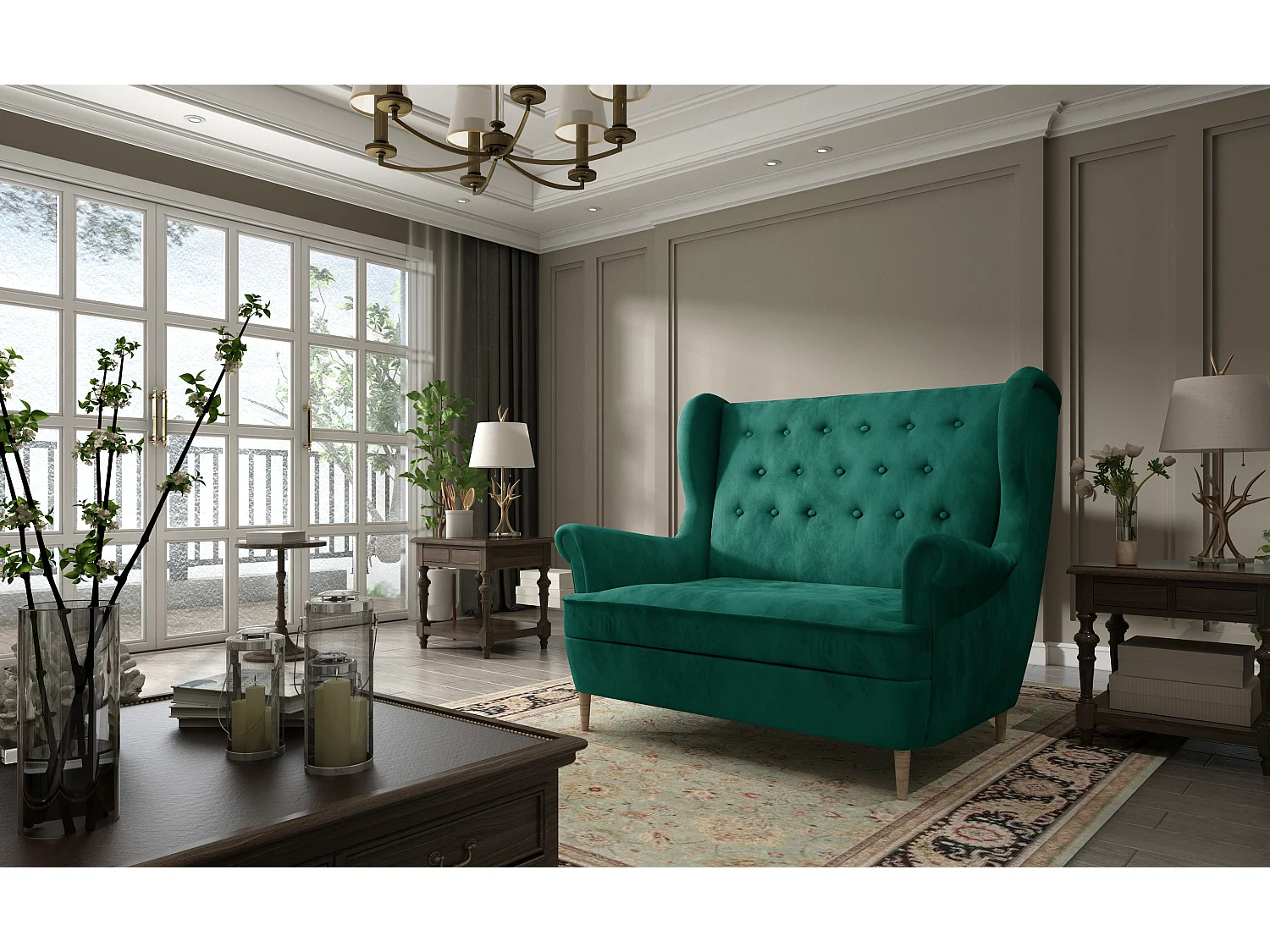 Canapé 2 places velours vert capitonné Lizzi 150cm