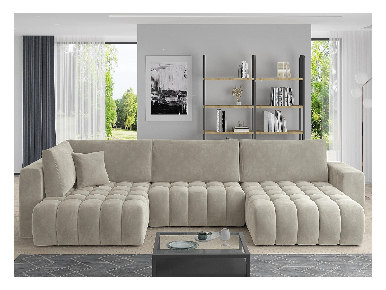 Canapé panoramique convertible design capitonné velours beige méridienne droite Boston 350cm