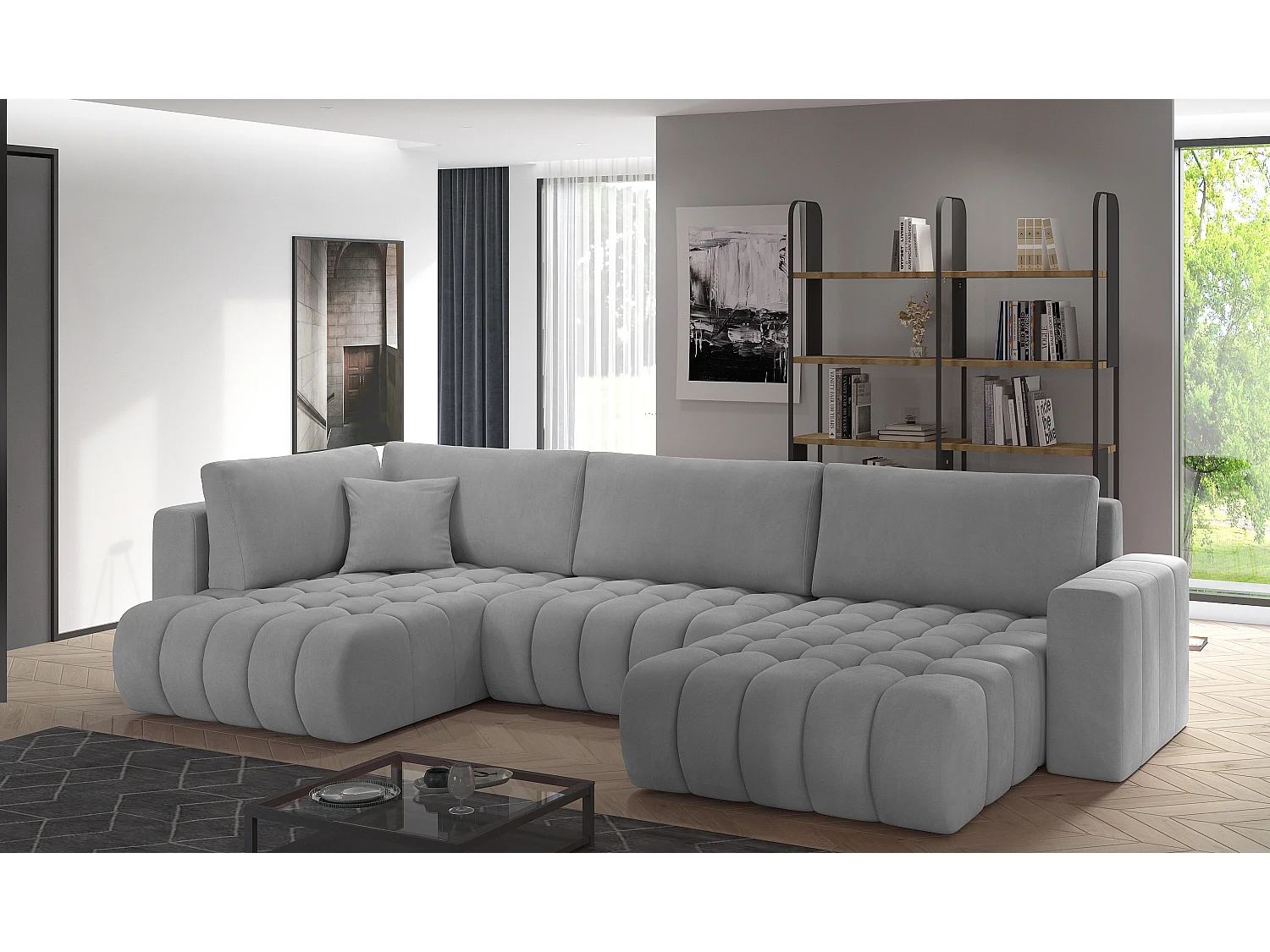 Canapé panoramique convertible design capitonné velours beige méridienne droite Boston 350cm