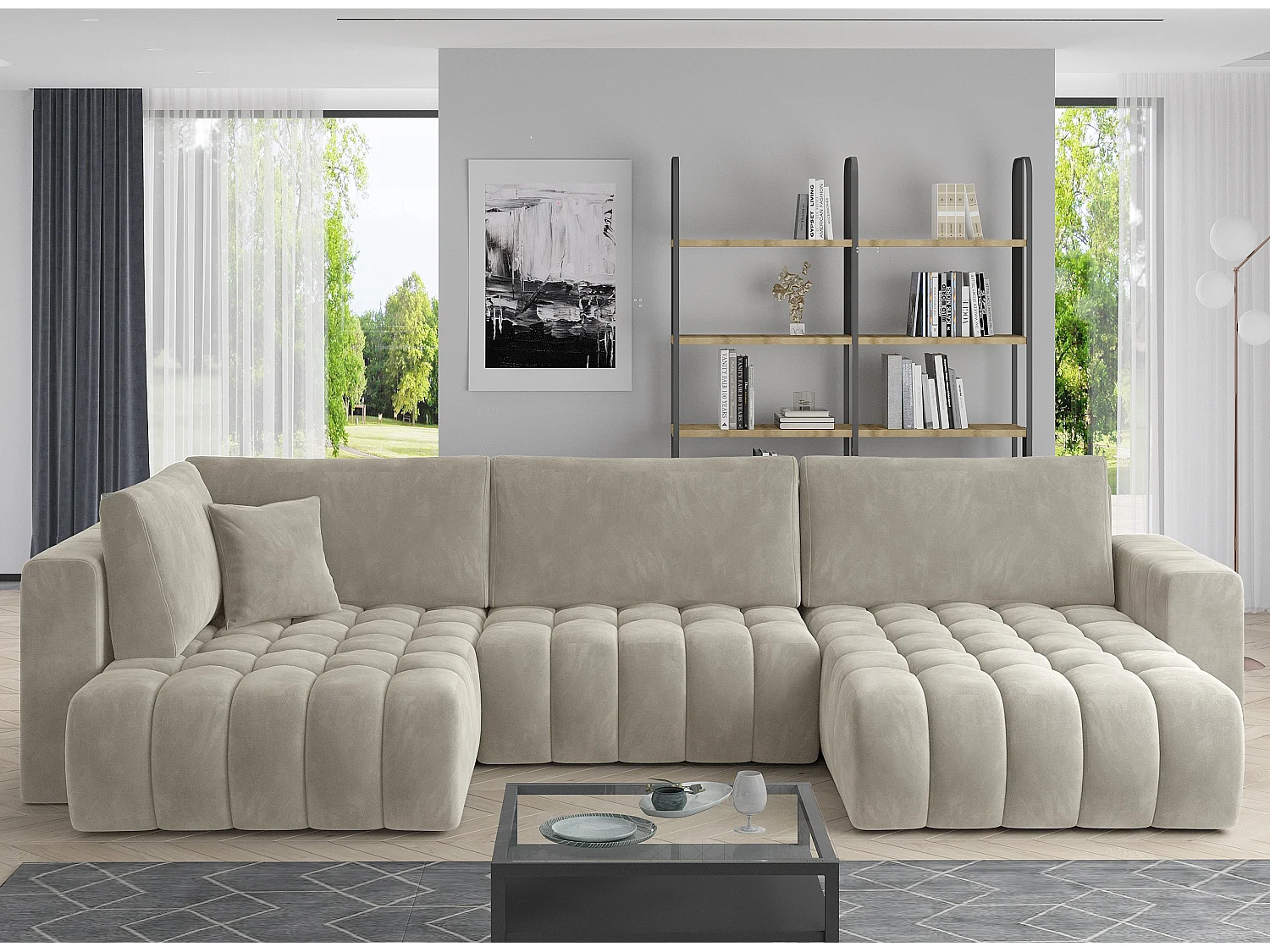 Canapé panoramique convertible design capitonné velours beige méridienne droite Boston 350cm