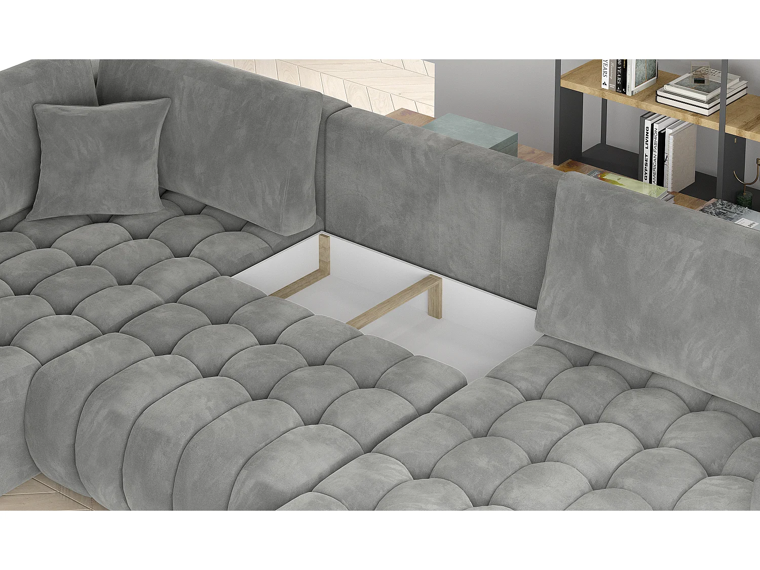 Canapé panoramique convertible design capitonné velours beige méridienne droite Boston 350cm