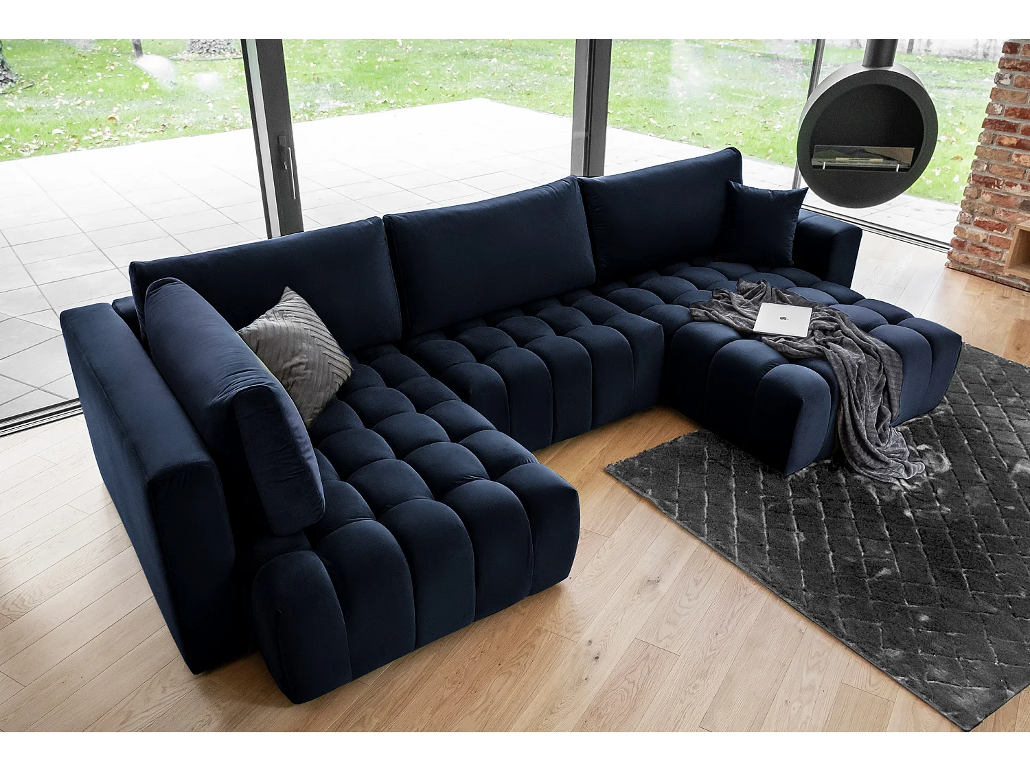 Canapé panoramique convertible design capitonné velours bleu nuit méridienne droite Boston 350cm