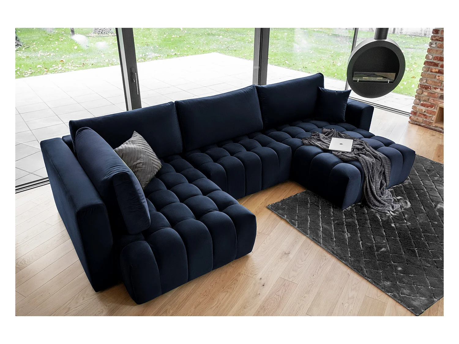 Panoramische converteerbare designbank gecapitonneerd nachtblauw fluweel rechts chaise longue Boston 350 cm