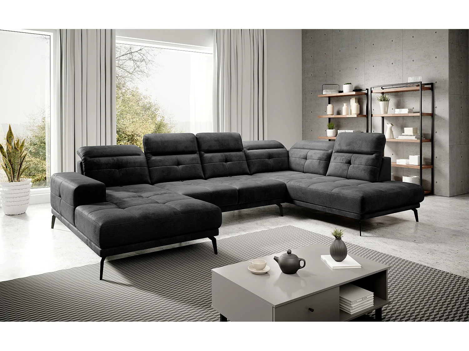 Moderne panoramische bank zachte zwarte stof haakse hoofdsteunen Versus 350 cm