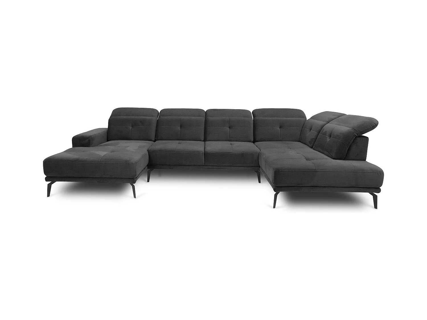 Canapé panoramique moderne tissu doux noir têtières angle droit Versus 350cm