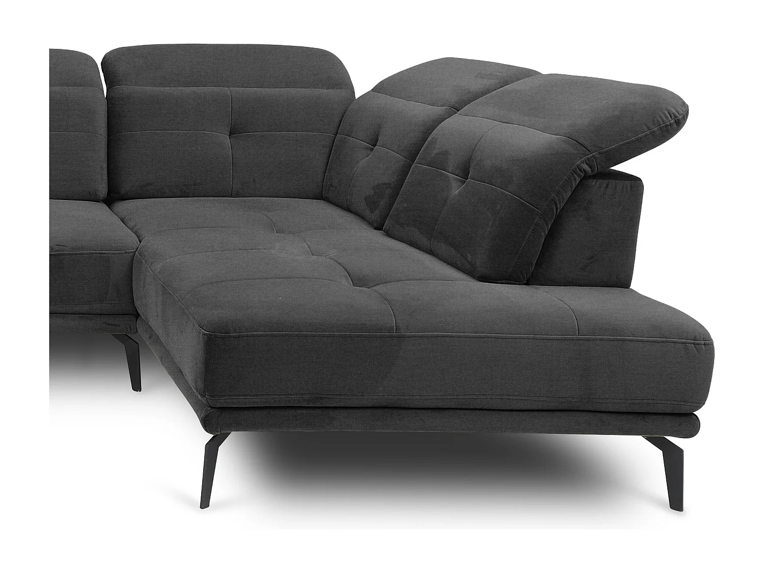 Canapé panoramique moderne tissu doux noir têtières angle droit Versus 350cm