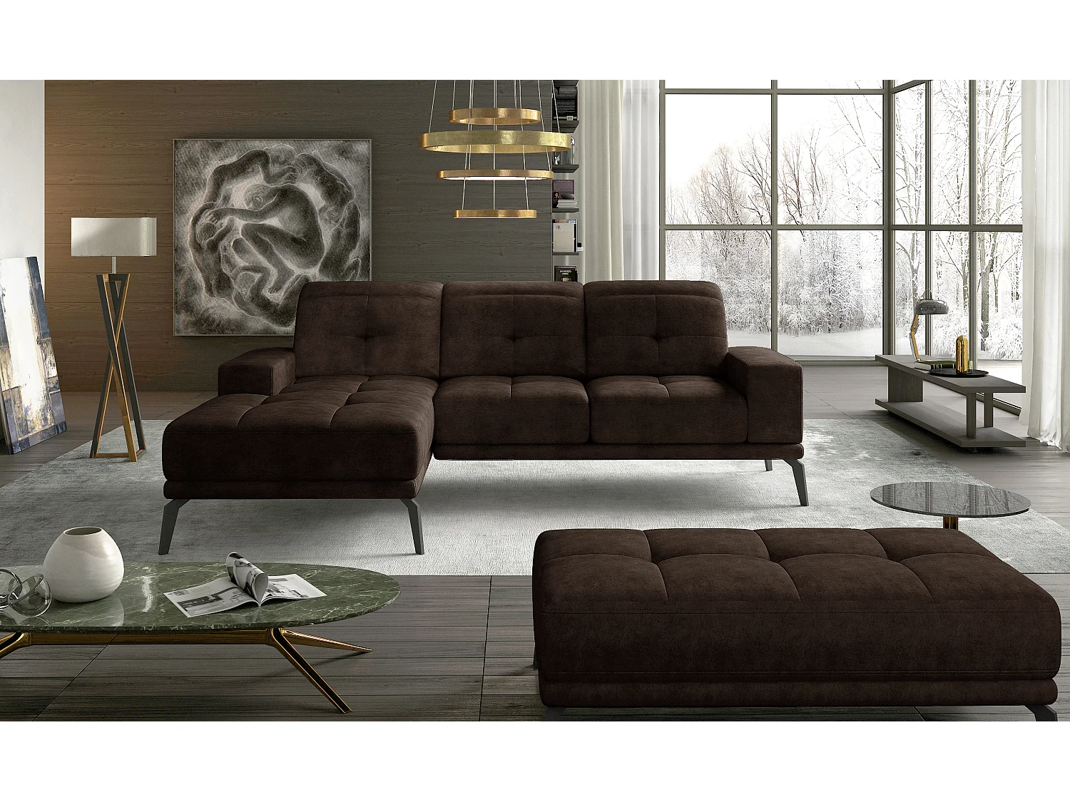 Canapé d'angle gauche 5 places tissu marron Torpille 265cm