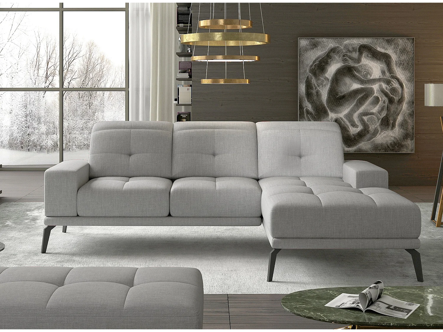 Canapé d'angle droit 5 places tissu gris souris Torpille 265cm