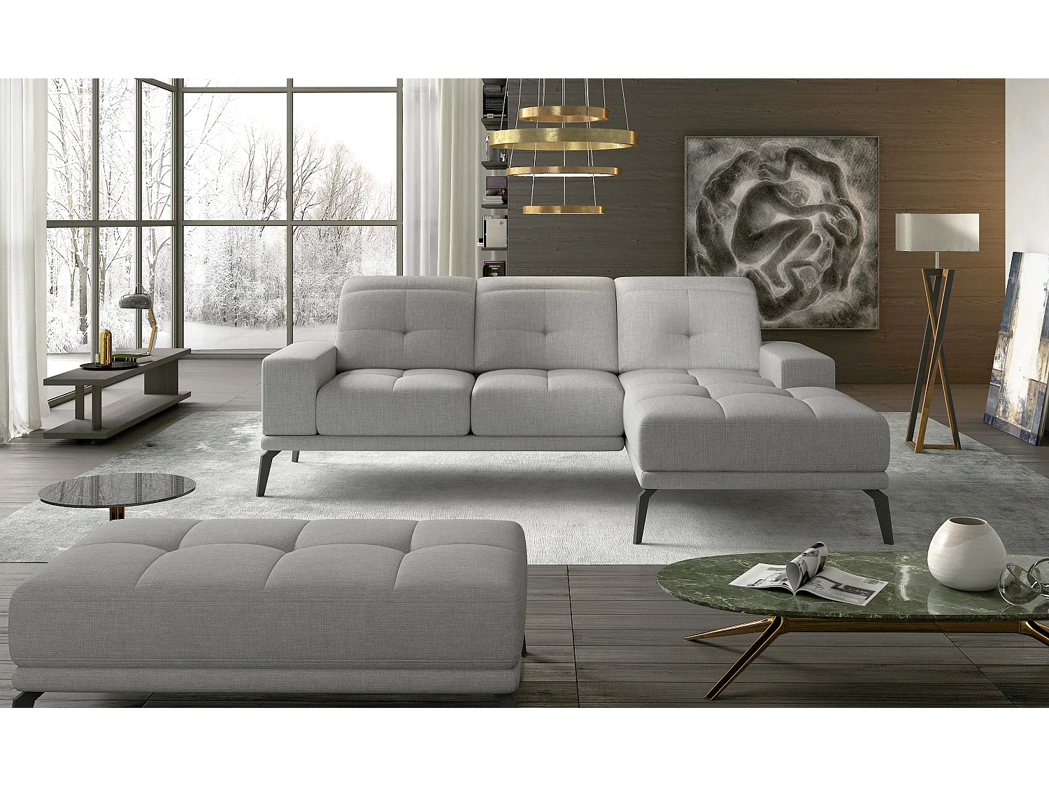 Canapé d'angle droit 5 places tissu gris souris Torpille 265cm