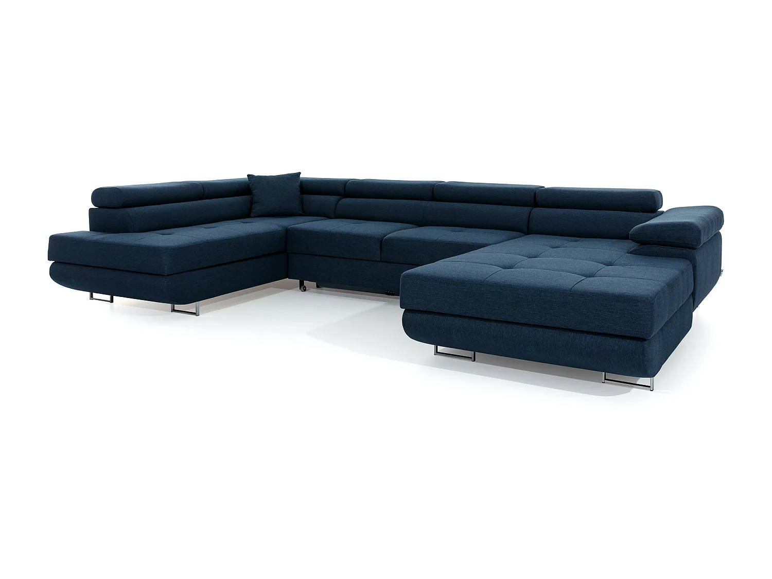 Canapé panoramique tissu bleu jean convertible avec coffre de rangement Romano 345cm-Coffre de rangement à gauche