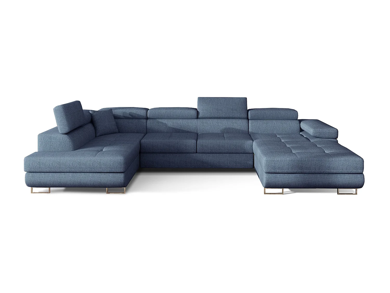 Canapé panoramique tissu bleu jean convertible avec coffre de rangement Romano 345cm-Coffre de rangement à gauche