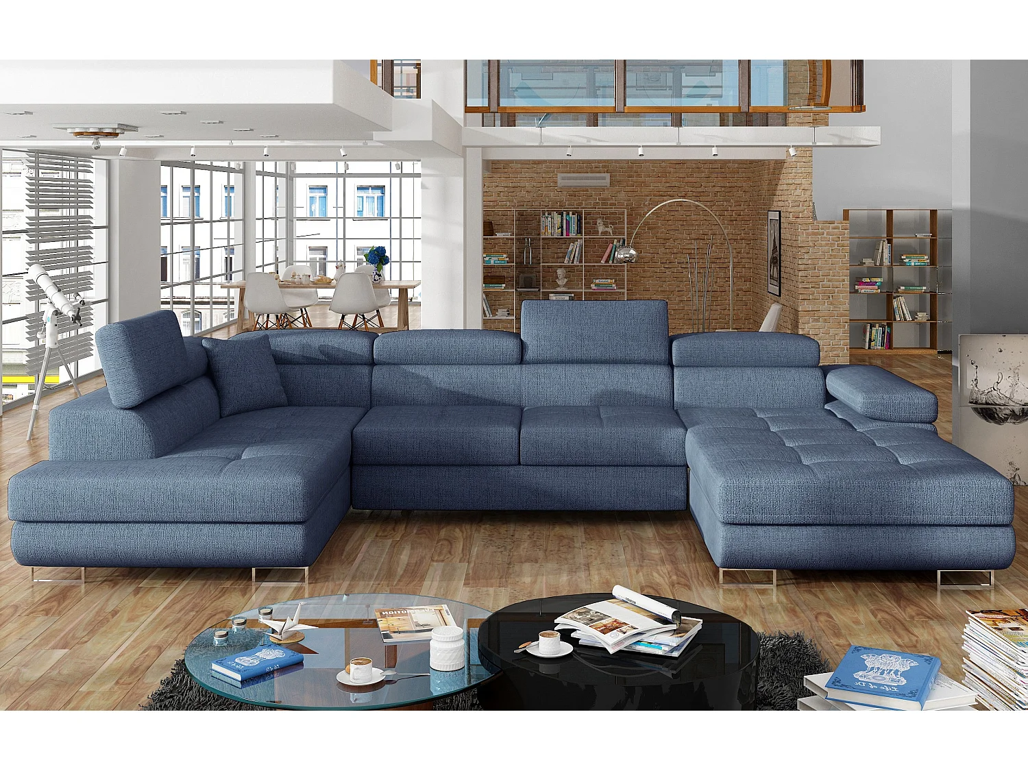 Canapé panoramique tissu bleu jean convertible avec coffre de rangement Romano 345cm-Coffre de rangement à gauche