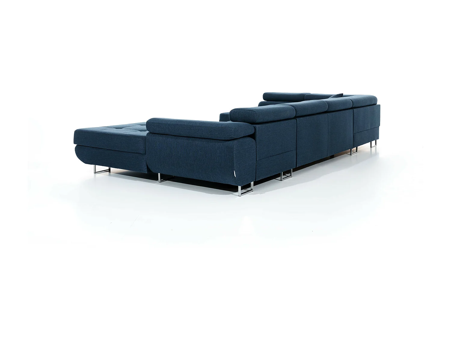 Canapé panoramique tissu bleu jean convertible avec coffre de rangement Romano 345cm-Coffre de rangement à gauche