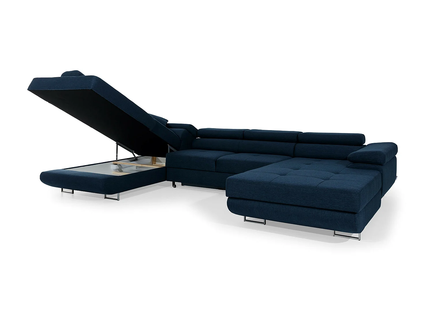 Canapé panoramique tissu bleu jean convertible avec coffre de rangement Romano 345cm-Coffre de rangement à gauche