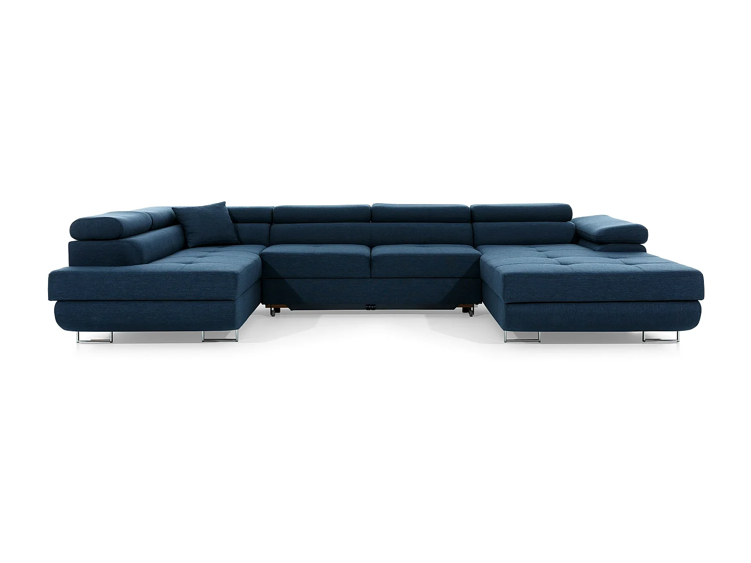 Canapé panoramique tissu bleu jean convertible avec coffre de rangement Romano 345cm-Coffre de rangement à gauche