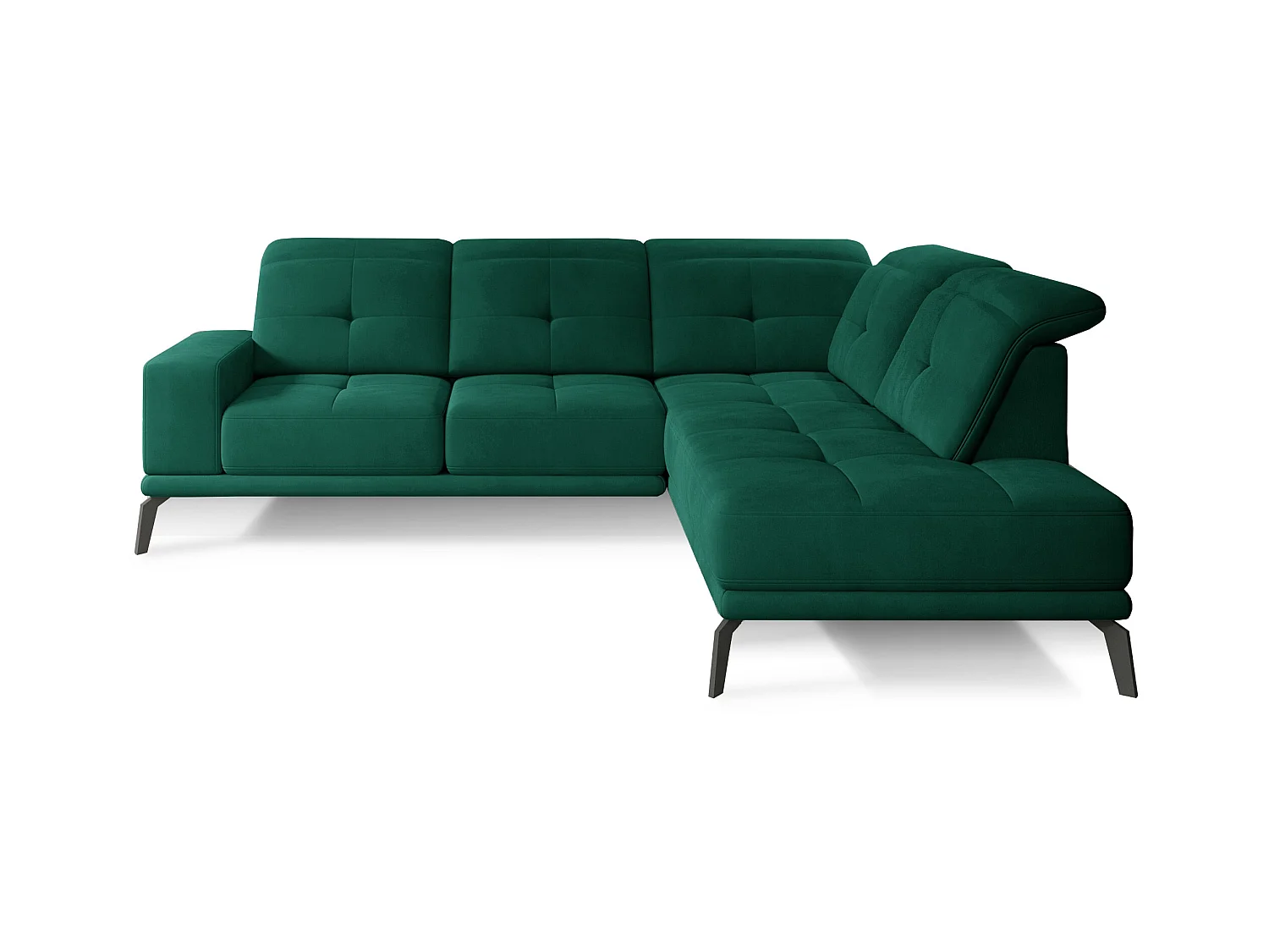 Canapé d'angle droit design matelassé tissu doux brillant vert et pied noir Kazane 275cm