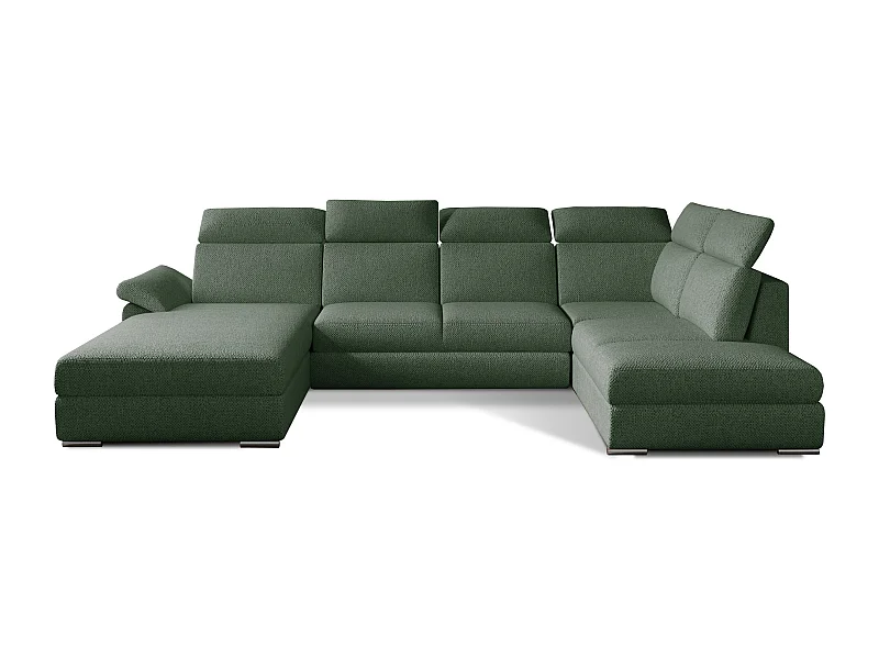 Canapé panoramique convertible tissu vert épinard coffre de rangement à gauche Levano 330cm