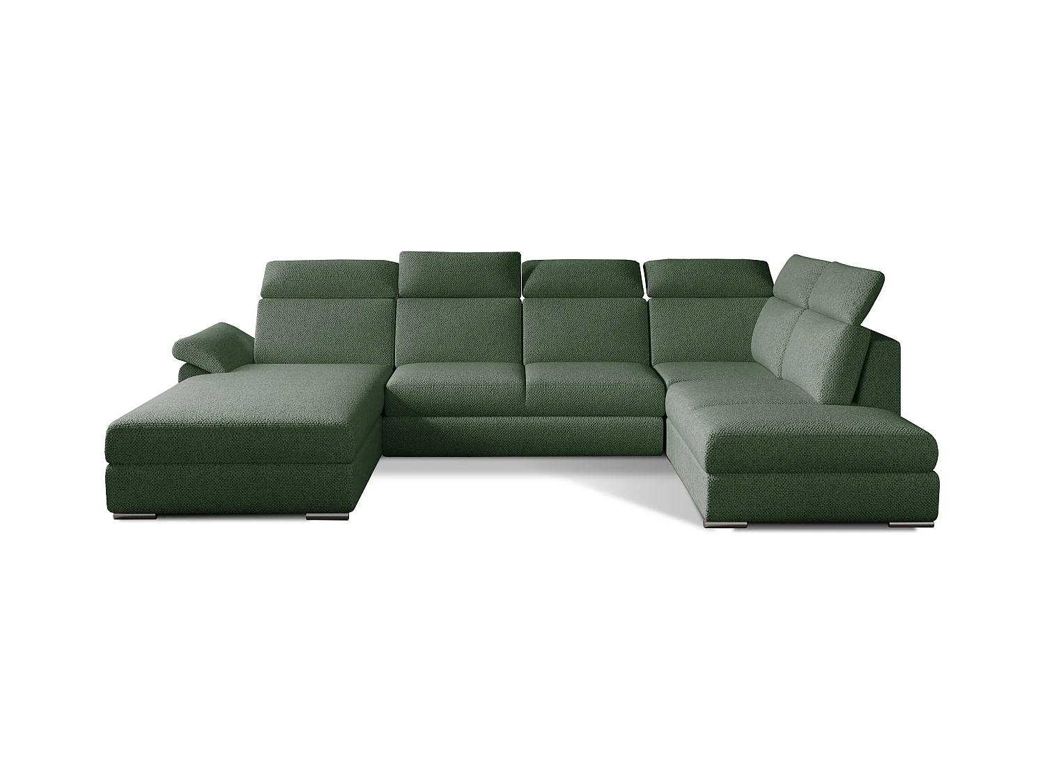 Canapé panoramique convertible tissu vert épinard coffre de rangement à gauche Levano 330cm