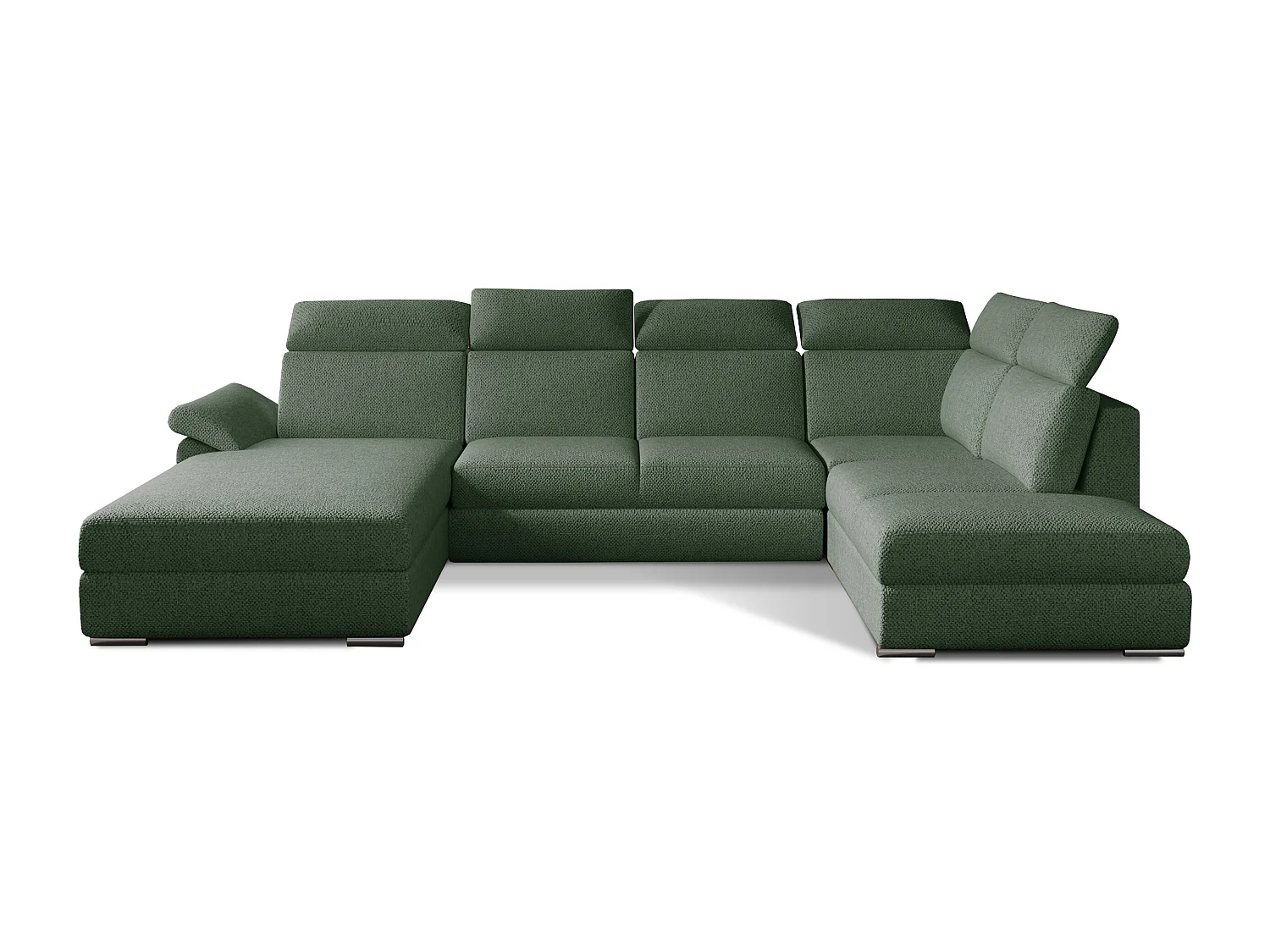 Canapé panoramique convertible tissu vert épinard coffre de rangement à gauche Levano 330cm