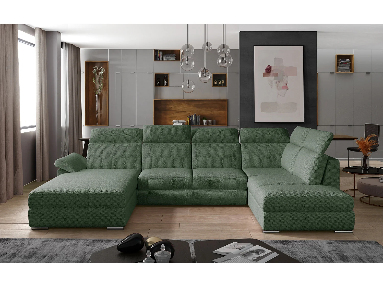 Canapé panoramique convertible tissu vert épinard coffre de rangement à gauche Levano 330cm