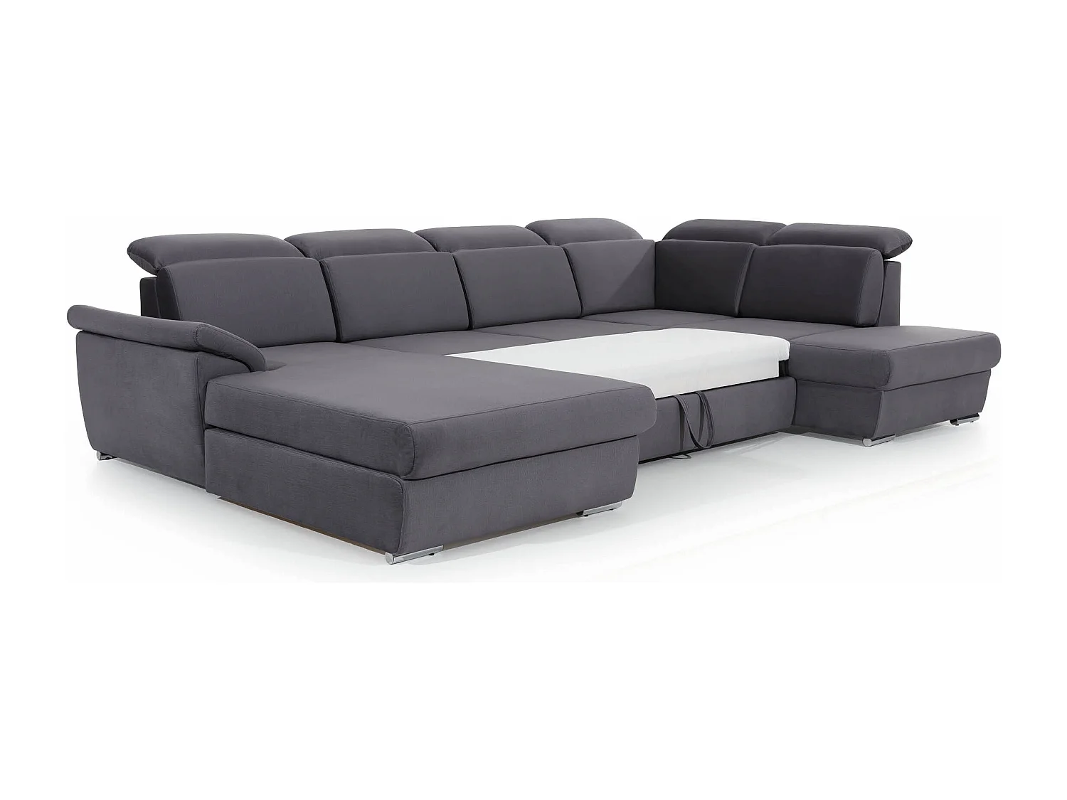 Canapé panoramique convertible tissu vert épinard coffre de rangement à gauche Levano 330cm