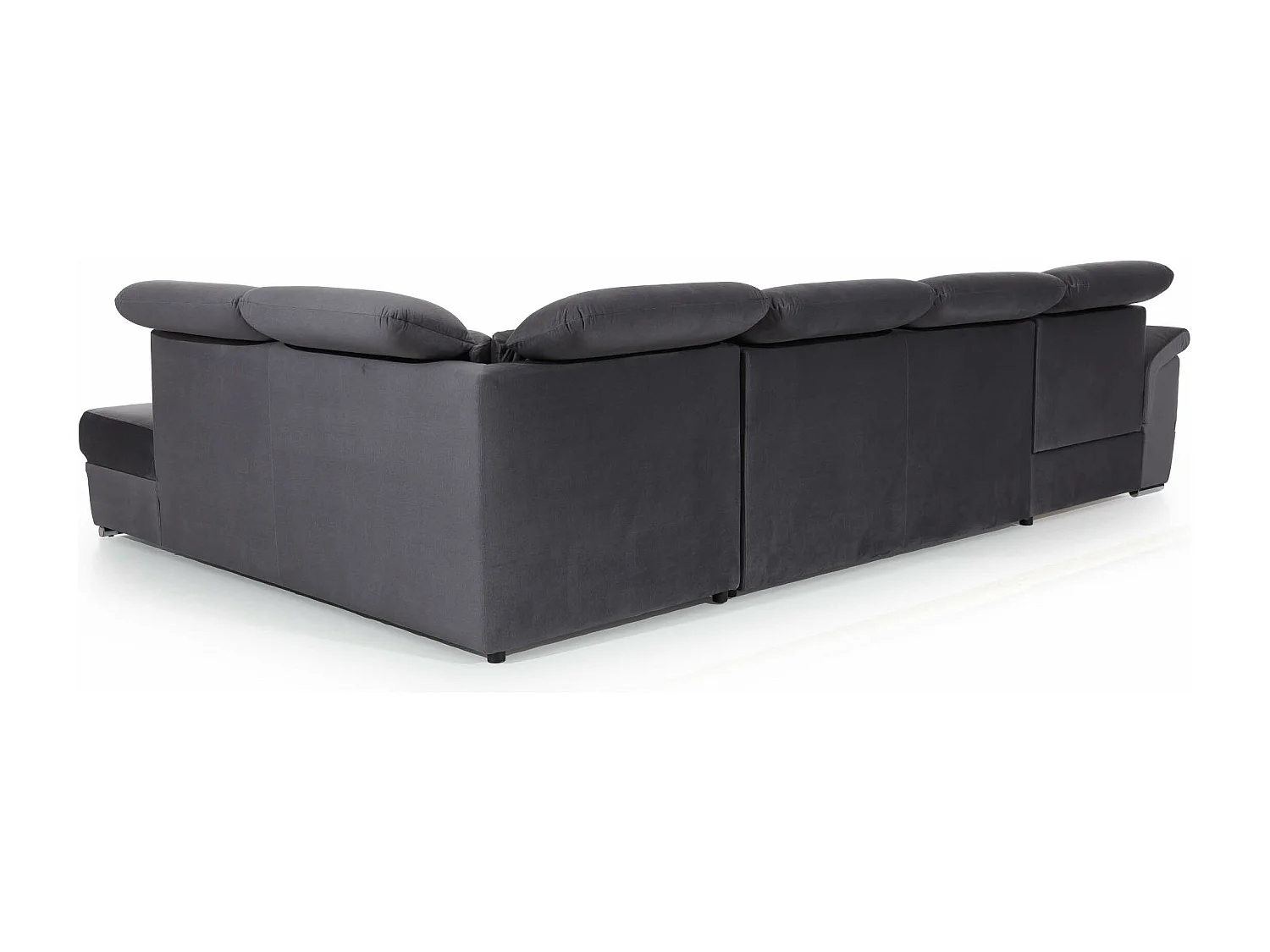 Canapé panoramique convertible tissu vert épinard coffre de rangement à gauche Levano 330cm