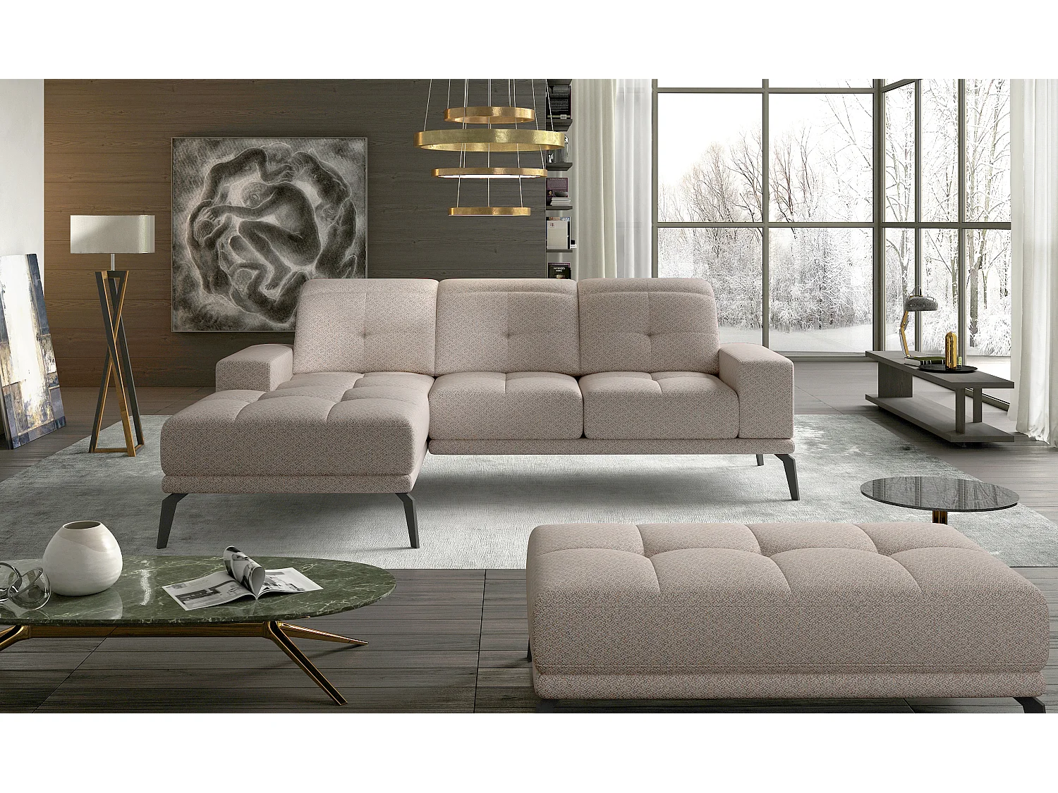 Canapé d'angle gauche 5 places tissu beige Torpille 265cm