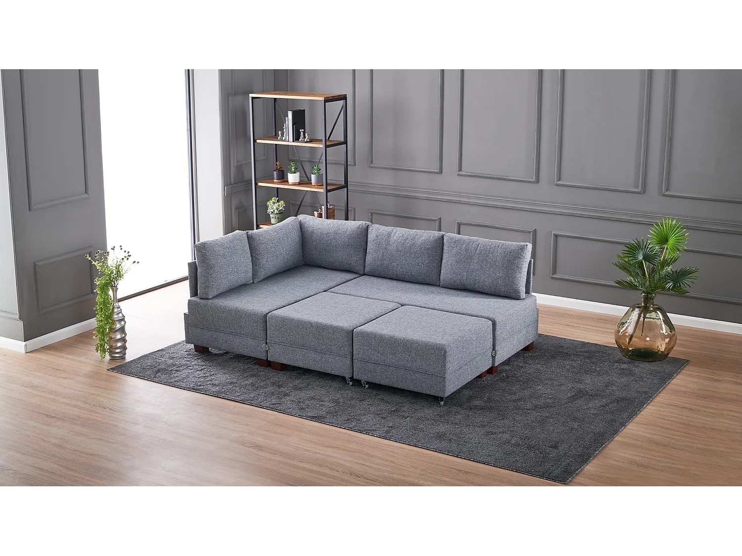 Canapé d'angle gauche et 2 poufs tissu gris Tikona 280cm