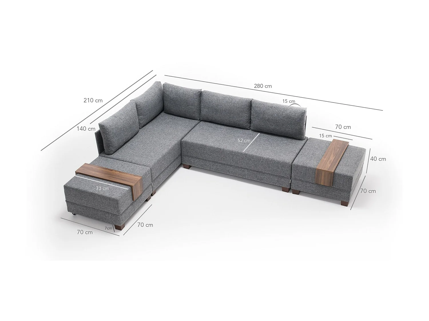 Canapé d'angle gauche et 2 poufs tissu gris Tikona 280cm