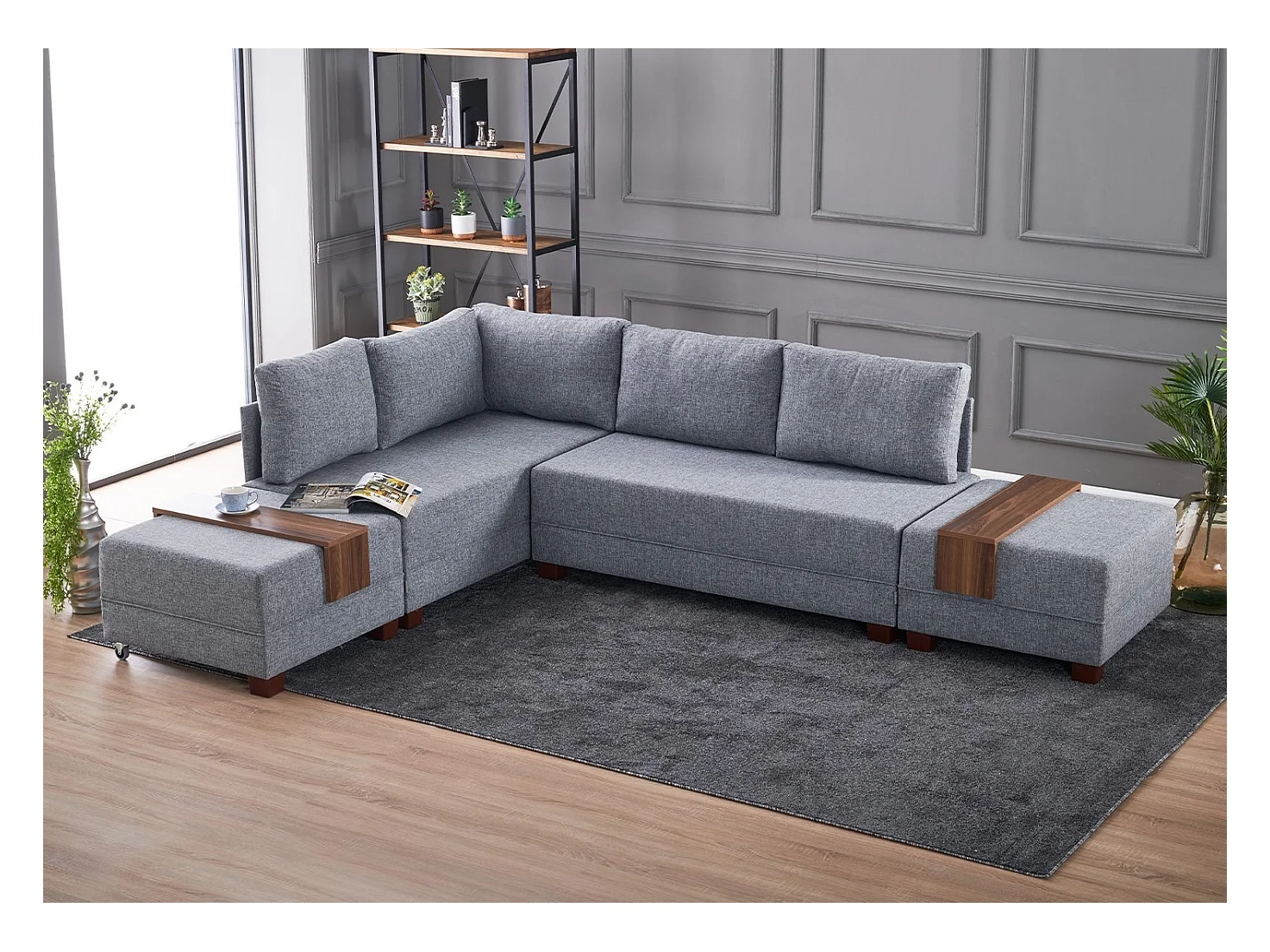 Canapé d'angle gauche et 2 poufs tissu gris Tikona 280cm