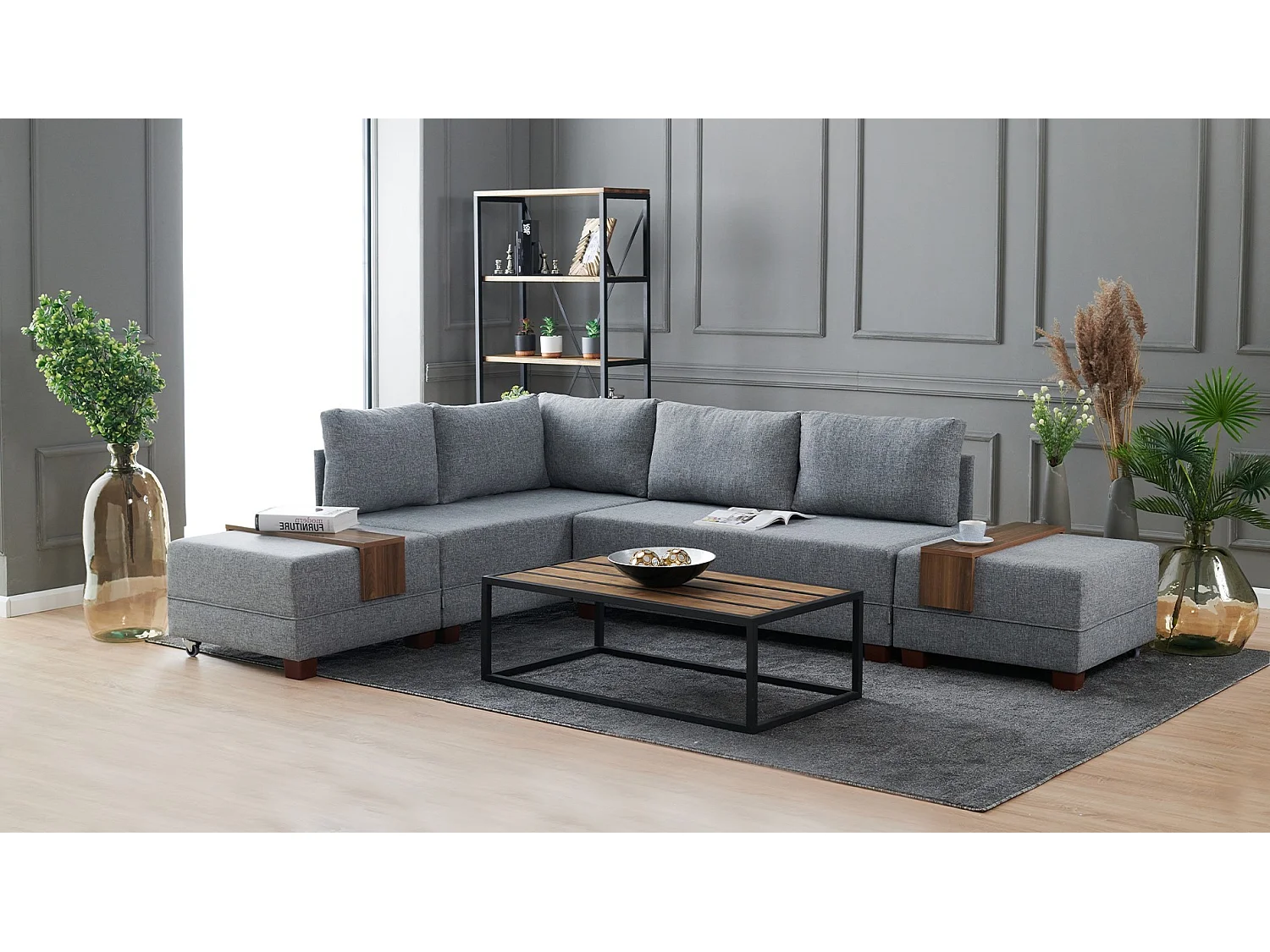 Canapé d'angle gauche et 2 poufs tissu gris Tikona 280cm