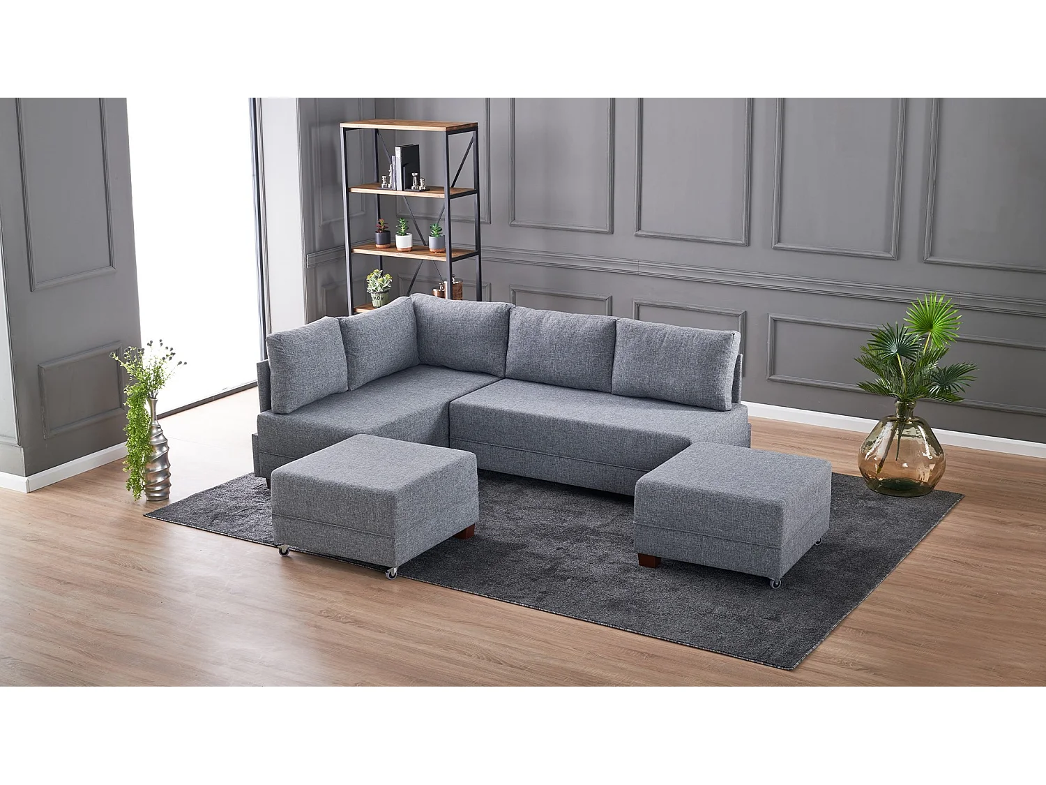 Canapé d'angle gauche et 2 poufs tissu gris Tikona 280cm