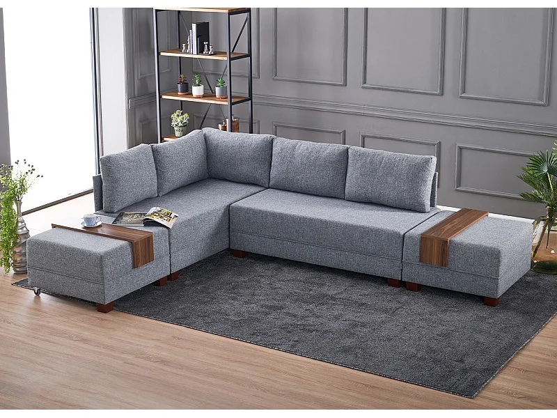 Canapé d'angle gauche et 2 poufs tissu gris Tikona 280cm