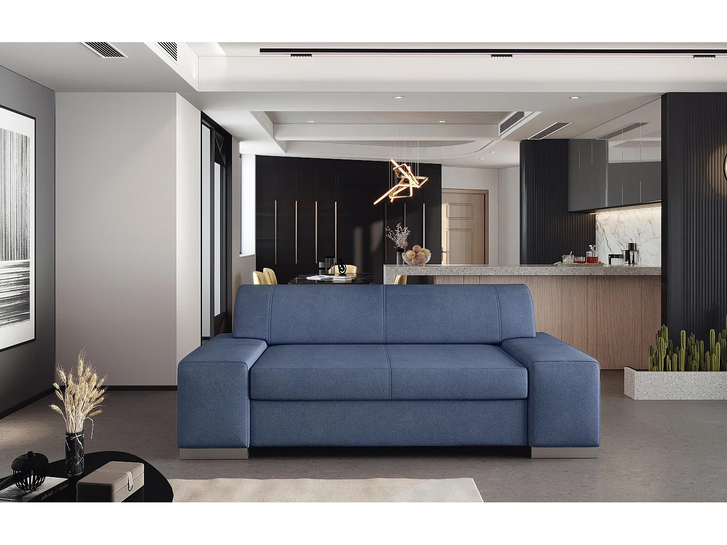 Canapé minimaliste 2-3 places tissu bleu turquin Plazo 190cm