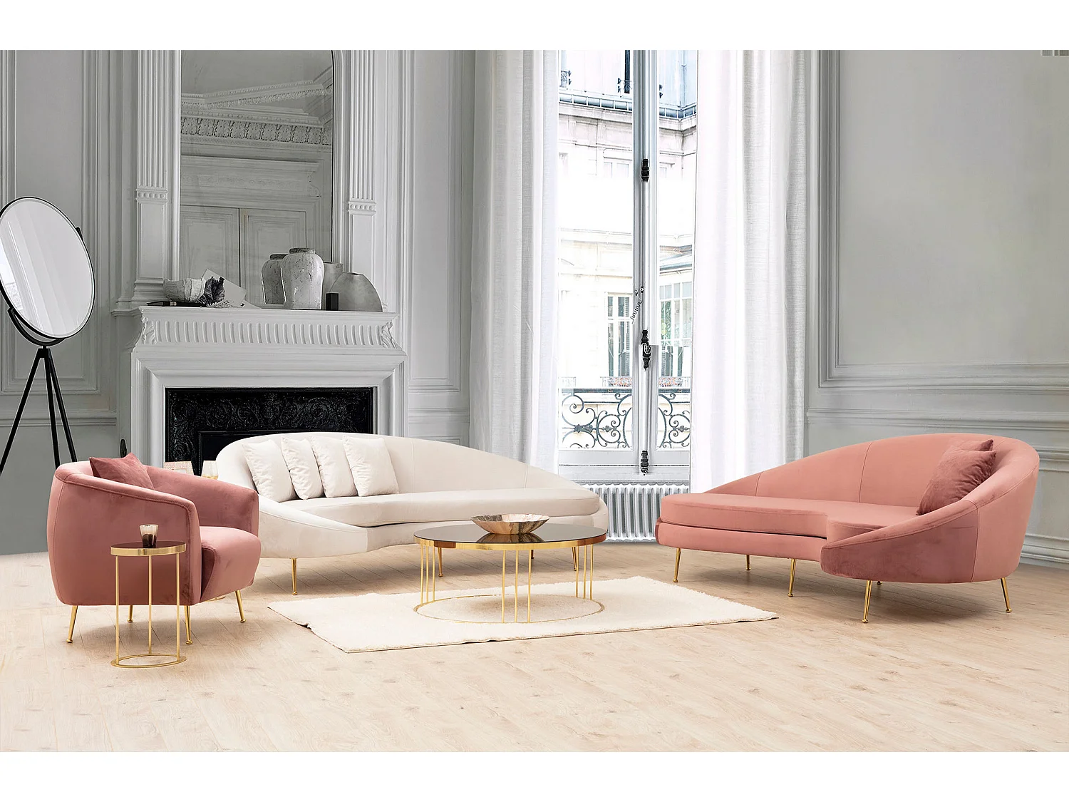 Canapé 3 places tissu rose arrondi coté gauche Tazany 255cm