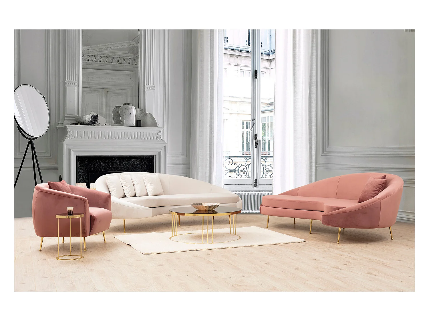 3-zitsbank in roze stof afgerond links Tazany 255 cm