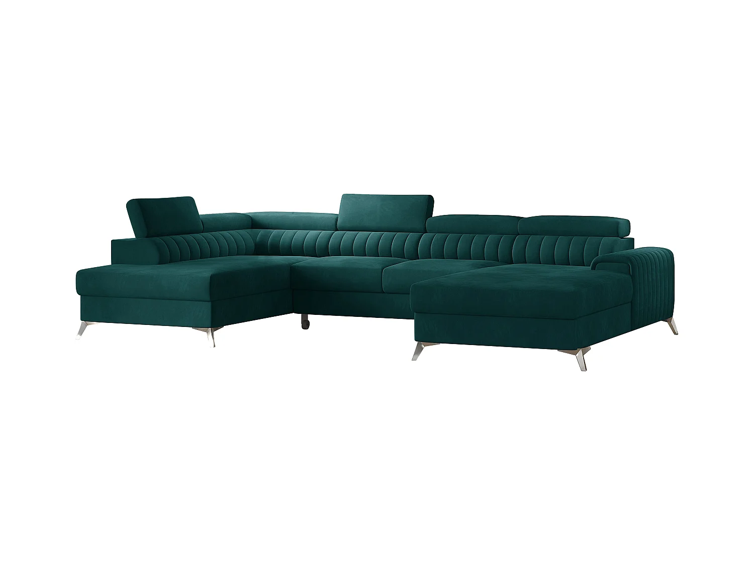 Canapé d'angle U velours vert coffre de rangement à gauche Kalante 347cm