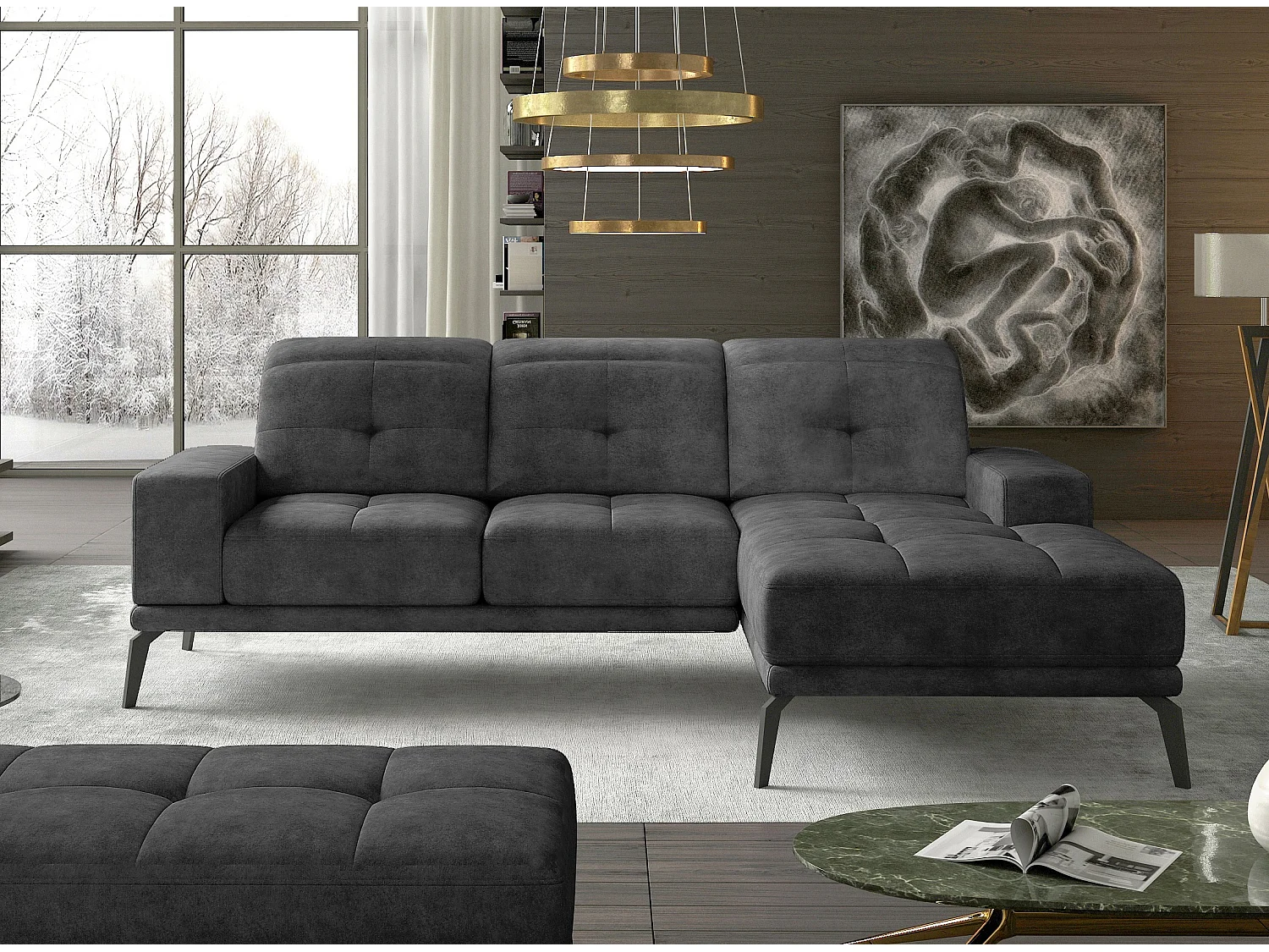 Canapé d'angle droit 5 places tissu suédine gris foncé Torpille 265cm