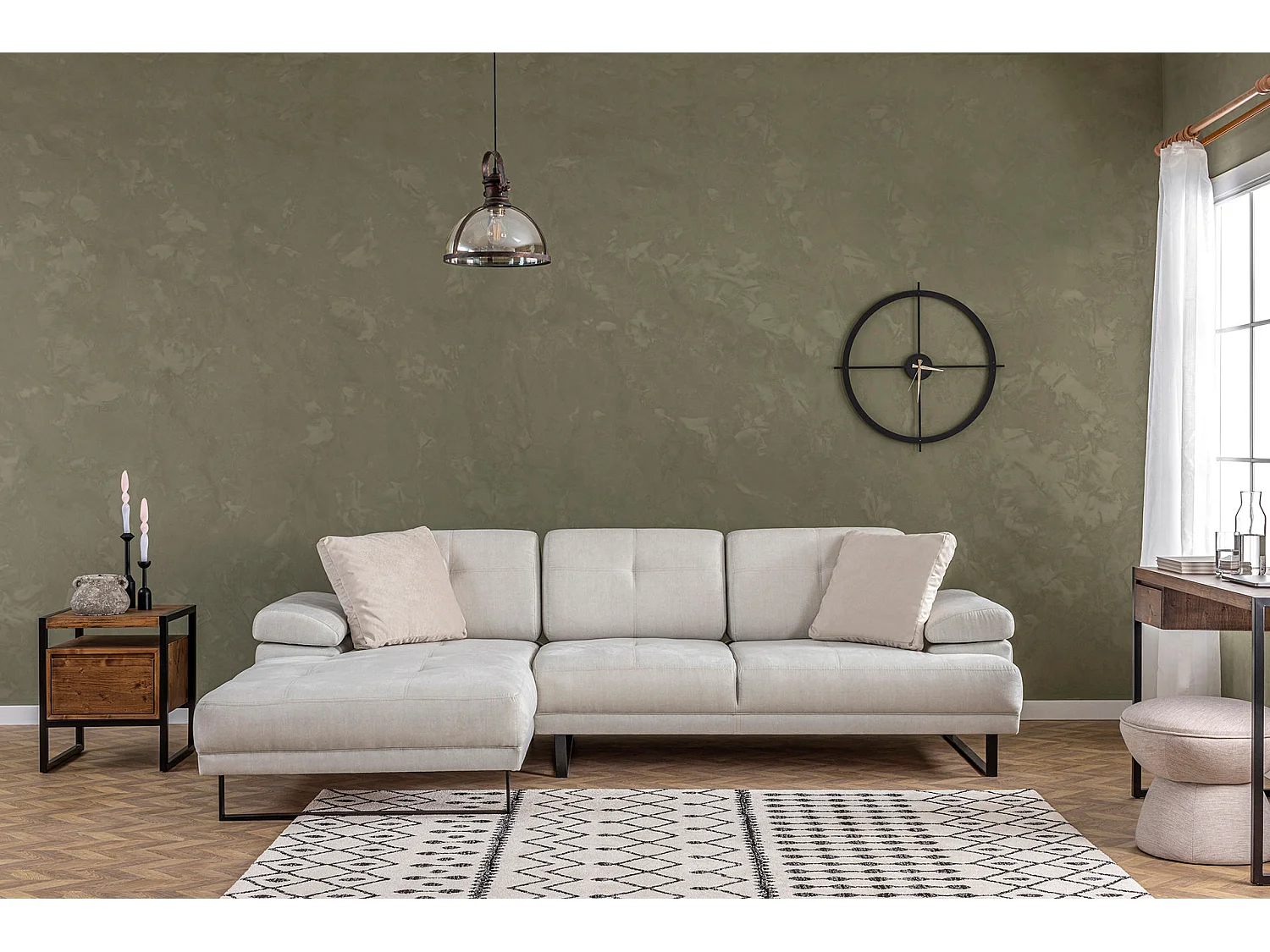 Grand canapé d'angle gauche tissu beige clair et métal noir Kustone 314cm