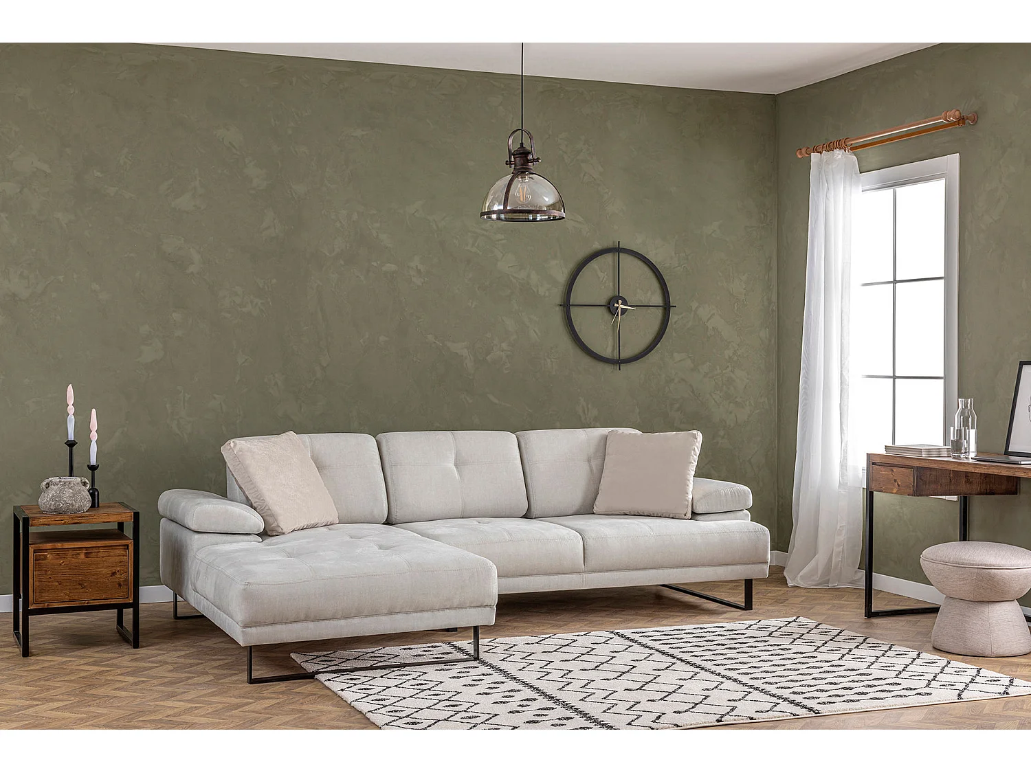 Grand canapé d'angle gauche tissu beige clair et métal noir Kustone 314cm