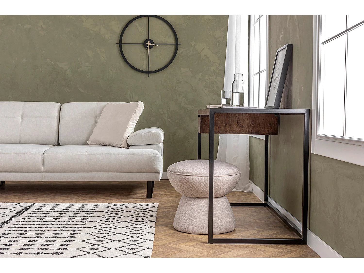 Grand canapé d'angle gauche tissu beige clair et métal noir Kustone 314cm