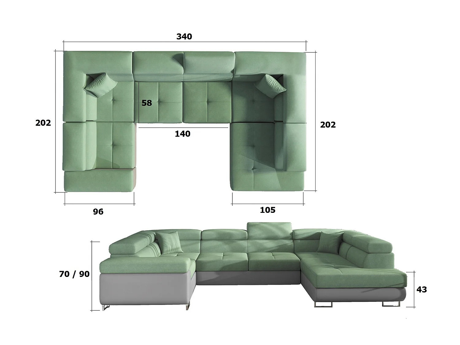 Canapé convertible U droit tissu beige clair avec coffre de rangement Tovy 340cm