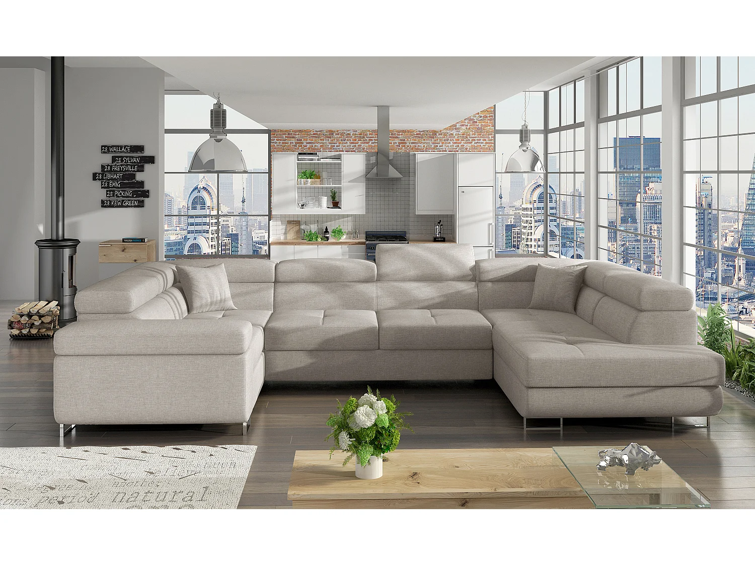 Rechte U-vormige slaapbank in lichtbeige stof met Tovy opbergbox 340 cm