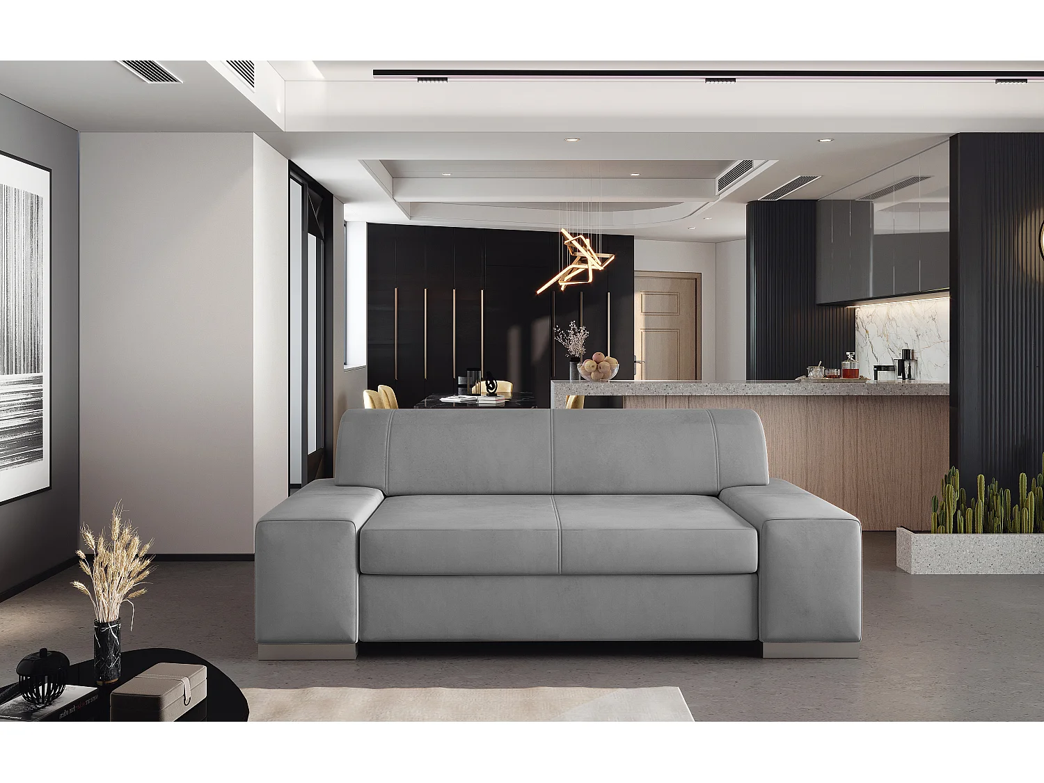 Canapé minimaliste 2-3 places velours gris clair Plazo 190cm