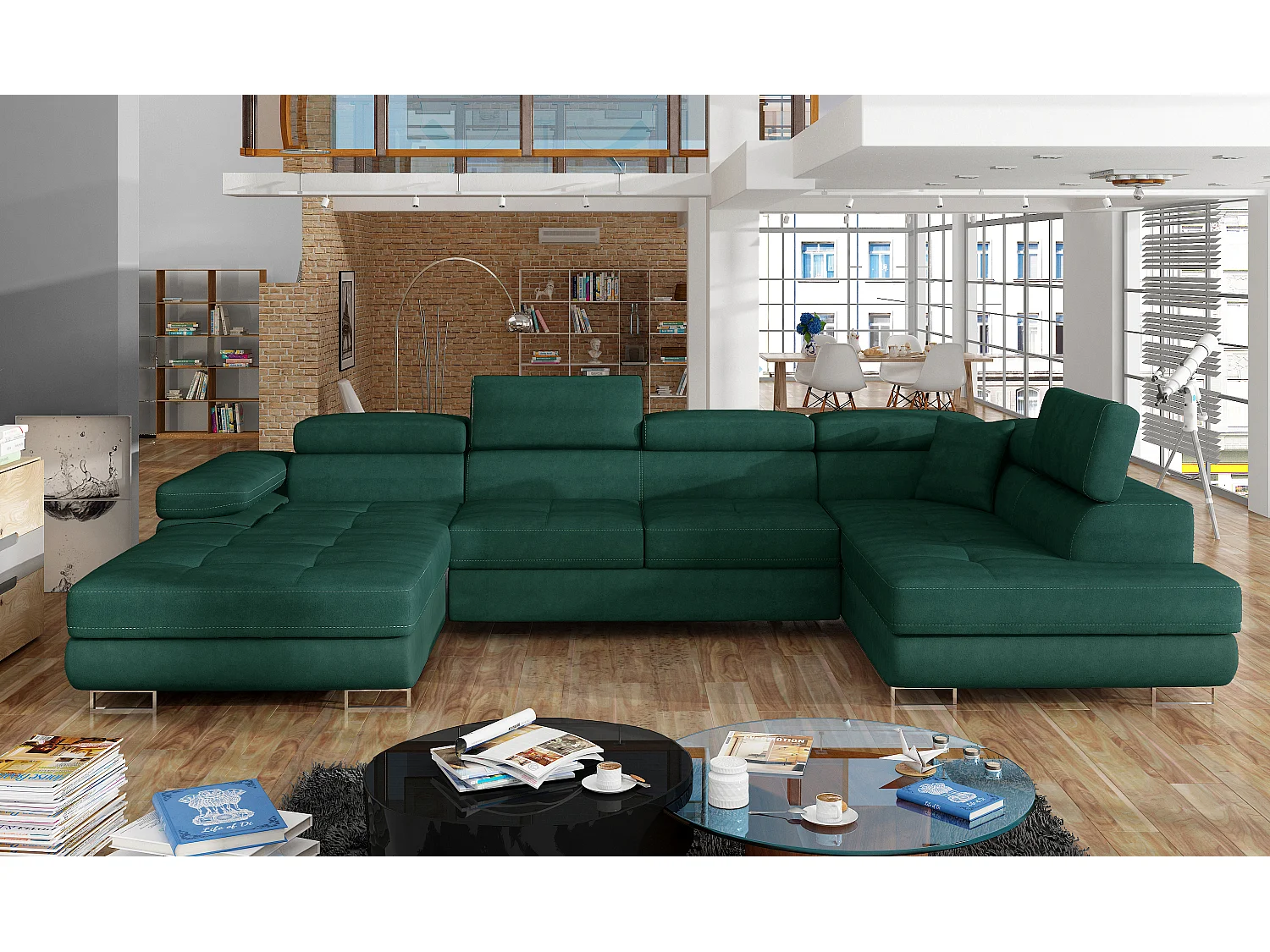 Canapé panoramique velours vert bouteille convertible avec coffre de rangement Romano 345cm-Coffre de rangement à droite