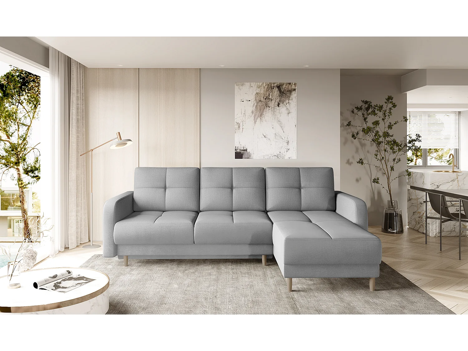 Sofá esquinero convertible y reversible de tela KINDO - Patas de madera clara-Color Gris cemento