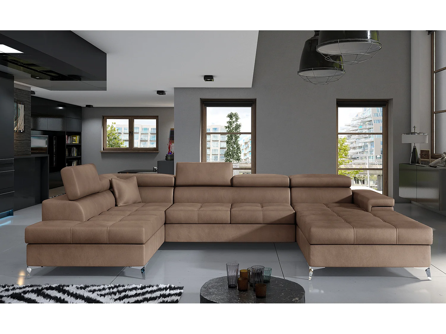 Lichtbruine fluwelen panoramische bankopbergbox links Kutty 345 cm